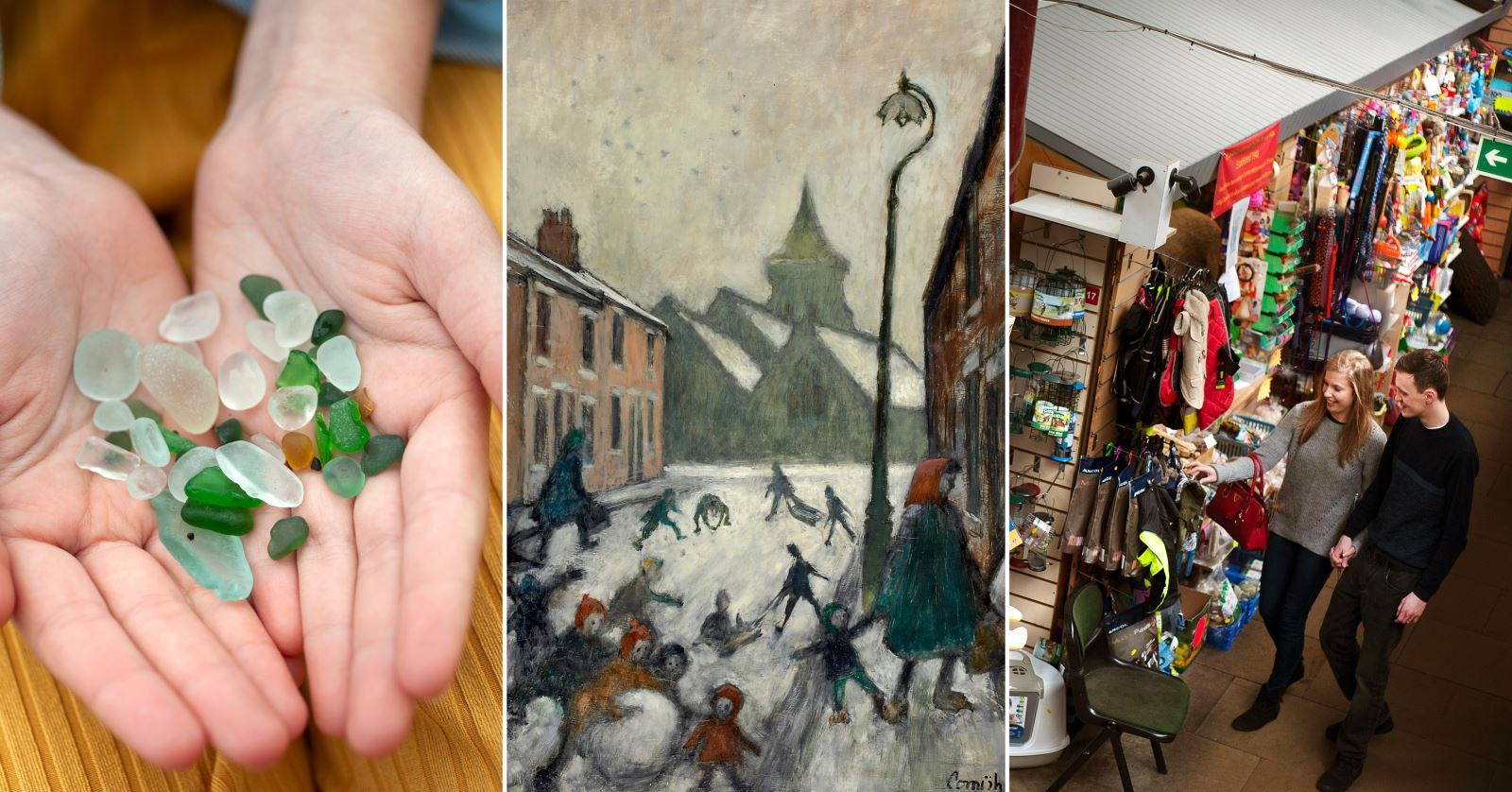 left to right - child's hands holding sea glass, painting by Norman Cornish and couple walking through Durham indoor market